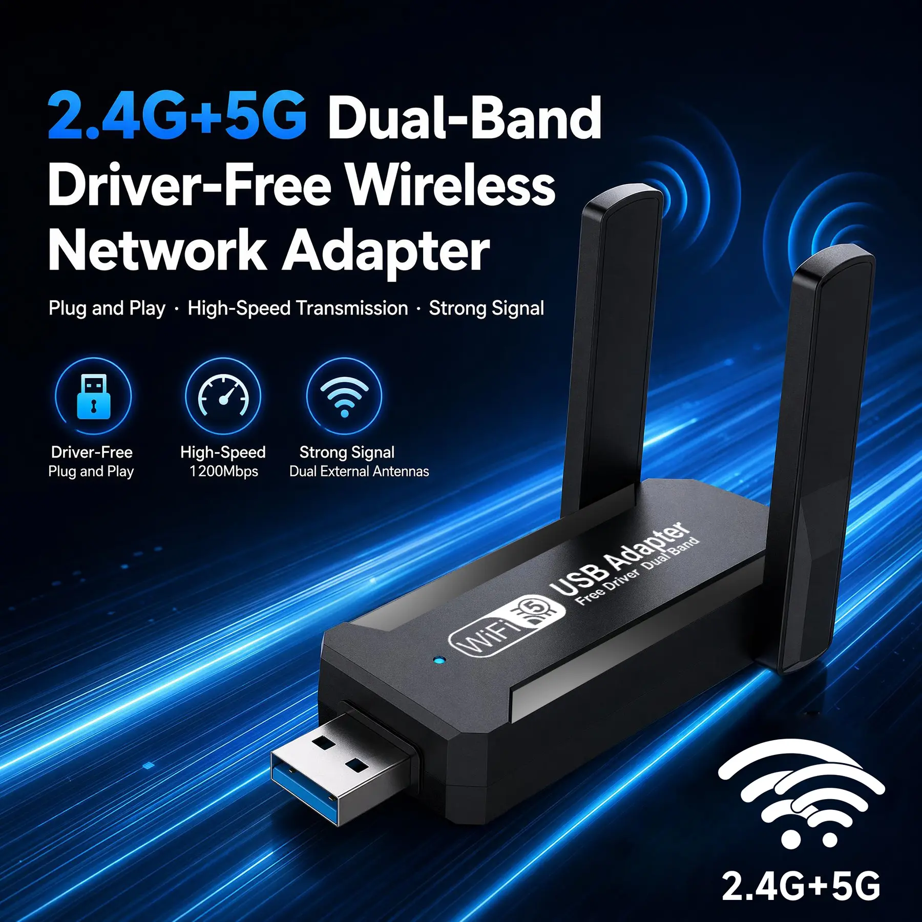1200Mbps Dual Band USB PC WiFi Adapter - 2.4G/5G Wireless Dongle with High Gain Antennas, Driver-Free Plug-and-Play, AP Mode for Gaming, Streaming, Working on Windows/Linux
