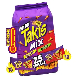 Takis Mini 25 pc \/ 1.23 oz Bite Size Variety Pack, Assorted Flavored Mixed Rolled Tortilla Chips \u2013 (15) Fuego Mini 1.23 oz, (10) Nitro Mini 1.23 oz