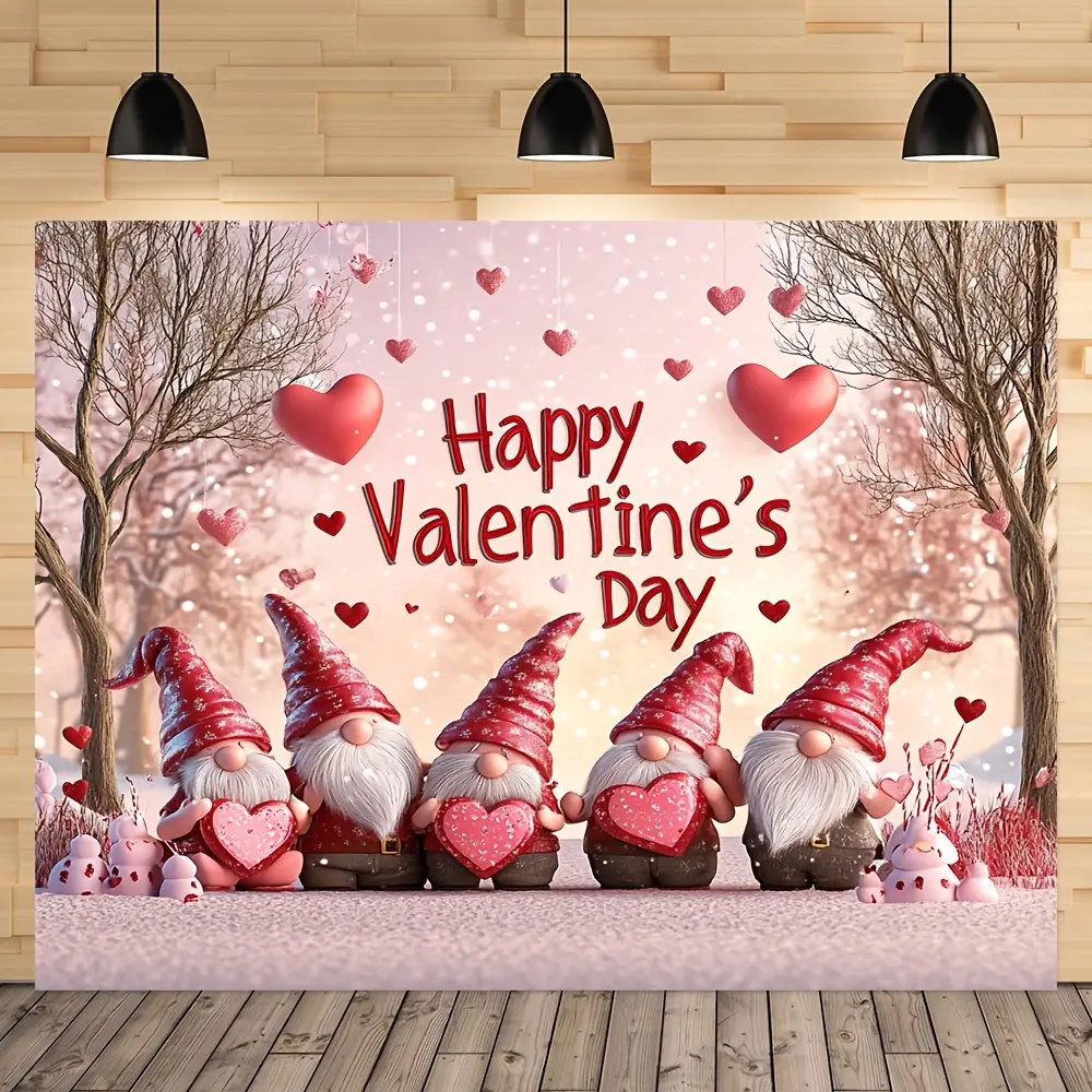 1PC Polyester 2D Flat Valentine's Day Cute Gnome Love Wall Hanging Backdrop Banner, Romantic Pink Reusable Party Decoration Supplies, Home Photo Booth Shooting Decor