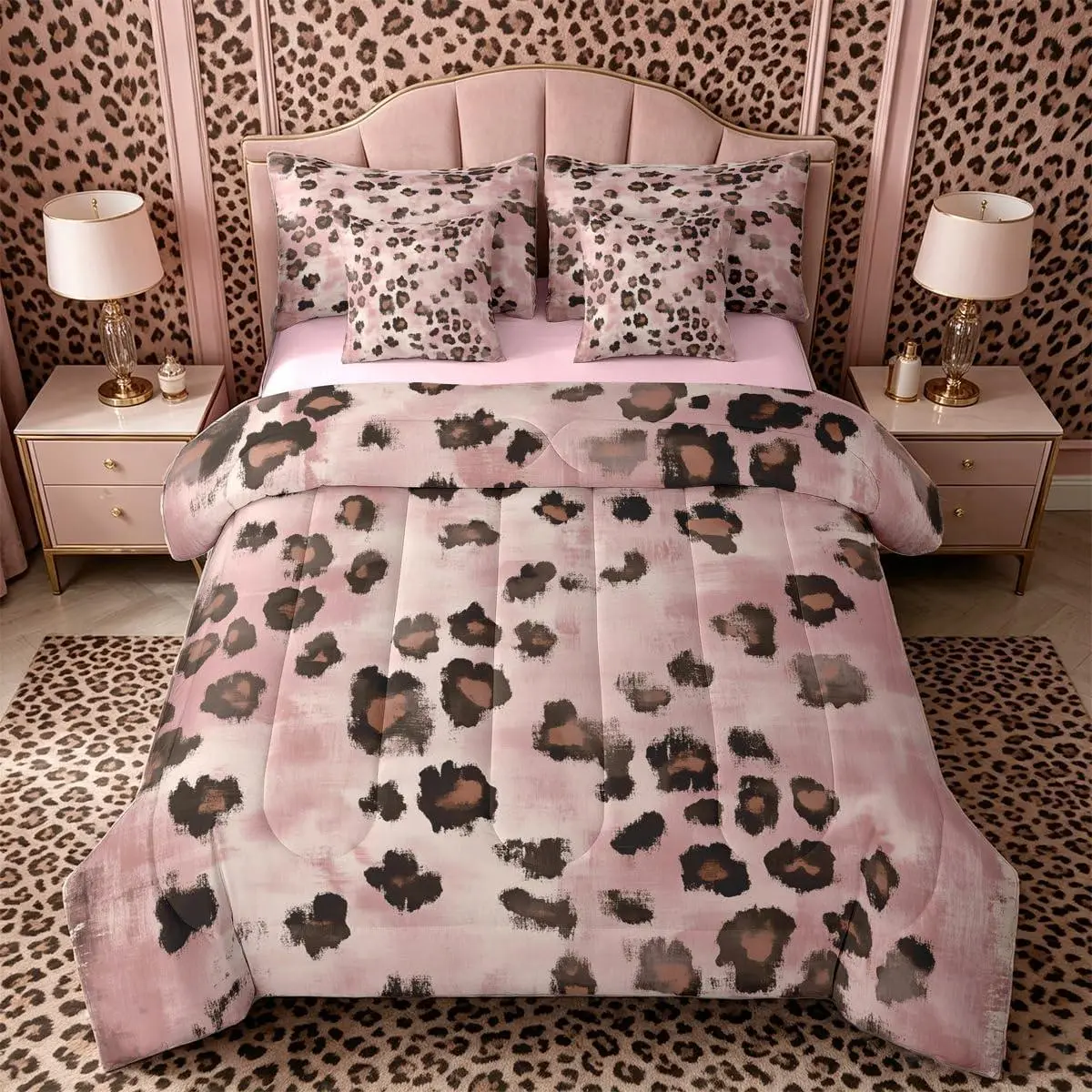 Pink Brown Leopard Comforter Set,Modern Abstract 7 Pcs Bedding and Adults,Bed in a Bag,Animal Print Bed Sheet Sets with Fitted Sheet Pillowcases Bedroom Bed Decor Leopard Pattern
