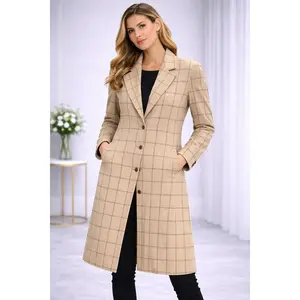 LALAH Women’s Beige Checkered Long Coat