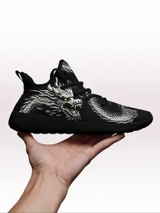 Men's Dragon Pattern Lace Up Front Sneakers, Casual Comfortable Sports Running Shoes, Lightweight Breathable Non-slip Sneakers for Daily Wear, Athletic Shoes