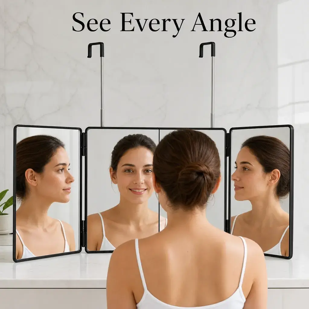 3 Way Mirror 360 Degree - Height Adjustable Tri-Fold Mirror for Self Hair Cutting, Shaving, Grooming, Makeup & Braiding, Portable Foldable Barber Mirror with Telescopic Hooks for Men Women, Bathroom Travel