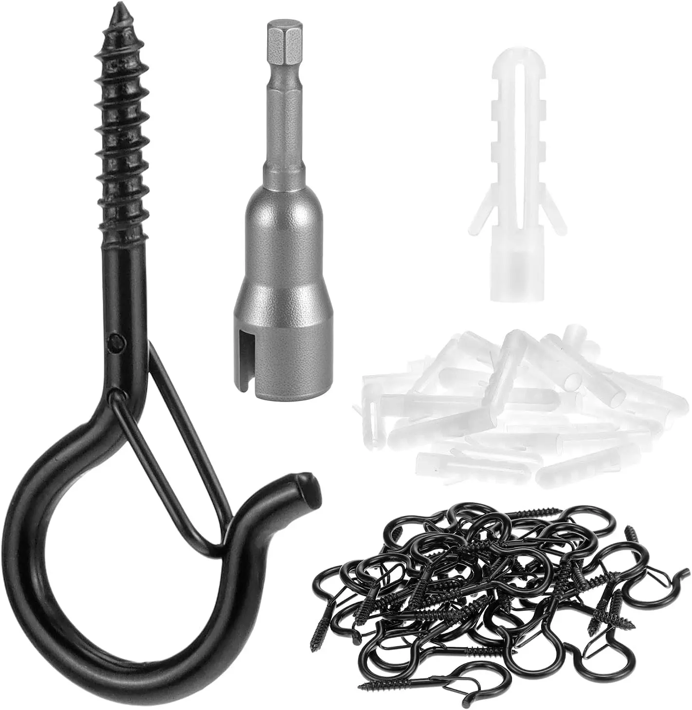 40PCS Screw Hooks for Outdoor String Lights, Patio Wall Ceilling Eye Hook Square Q-Hanger Hook with Safety Buckle for Hanging Cup Plant Pots Christmas Decor Wire Fairy Led, Wind Nut Driver, Black