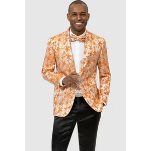 Mens One Button Shawl Lapel Shiny Paisley Prom Tuxedo Jacket in Orange