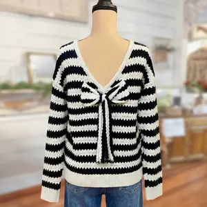 SageVell Striped Knit Sweater, Reversible Front-Back Backless V Neck Bow Tie Pullover, Cozy Spring Winter Fashion Top