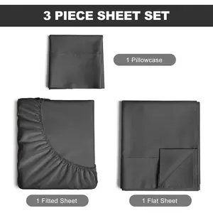 Solid-Color Polyester 3-Piece Bedding Set (Dark Gray / Twin) | Flat Sheet + Fitted Sheet + Pillowcase (x1) | Simple Solid Design, Durable & Wrinkle-Resistant | Versatile for Single Beds, Dorms, and Guest Rooms