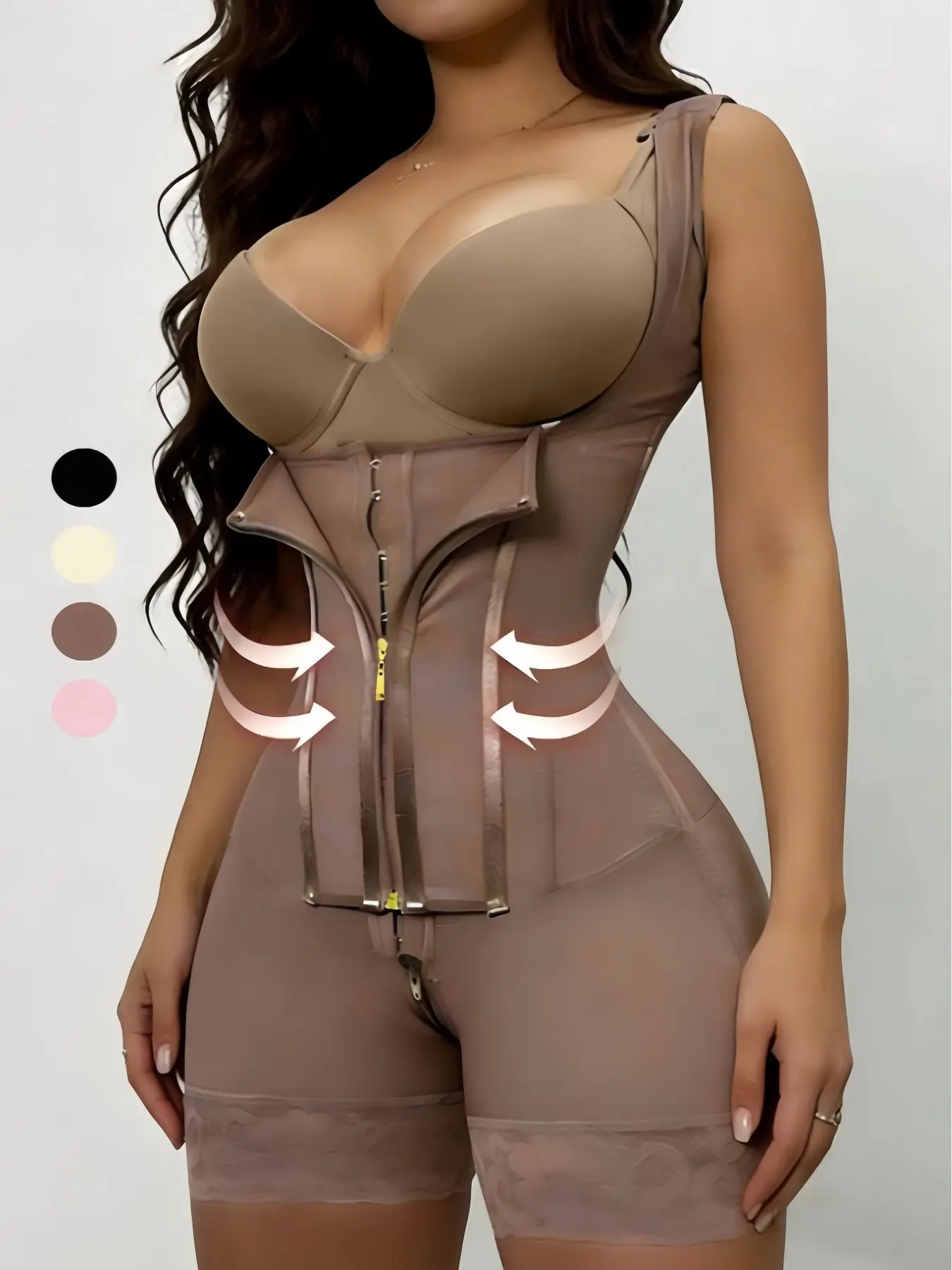 Women's Stretch Fabric Full Body Shaper, Fajas Colombianas Moldeadoras, Adjustable Triple Row Hook & Eye Zipper Closure, Lace Trim Abdomen Smoothing Butt Enhancing Bodysuit, Comfort Support, Daily & Party Use