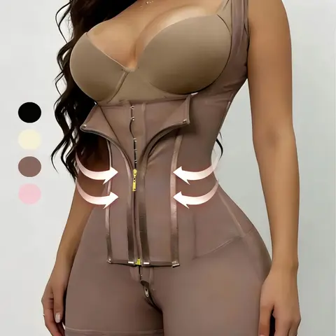 Women's Stretch Fabric Full Body Shaper, Fajas Colombianas Moldeadoras, Adjustable Triple Row Hook & Eye Zipper Closure, Lace Trim Abdomen Smoothing Butt Enhancing Bodysuit, Comfort Support, Daily & Party Use