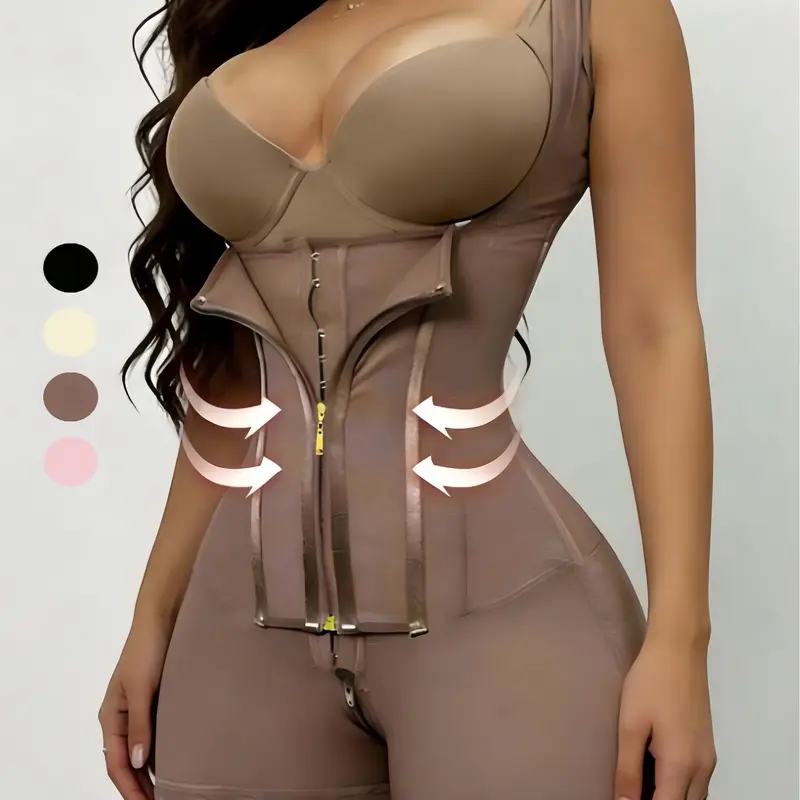 Women's Stretch Fabric Full Body Shaper, Fajas Colombianas Moldeadoras, Adjustable Triple Row Hook & Eye Zipper Closure, Lace Trim Abdomen Smoothing Butt Enhancing Bodysuit, Comfort Support, Daily & Party Use