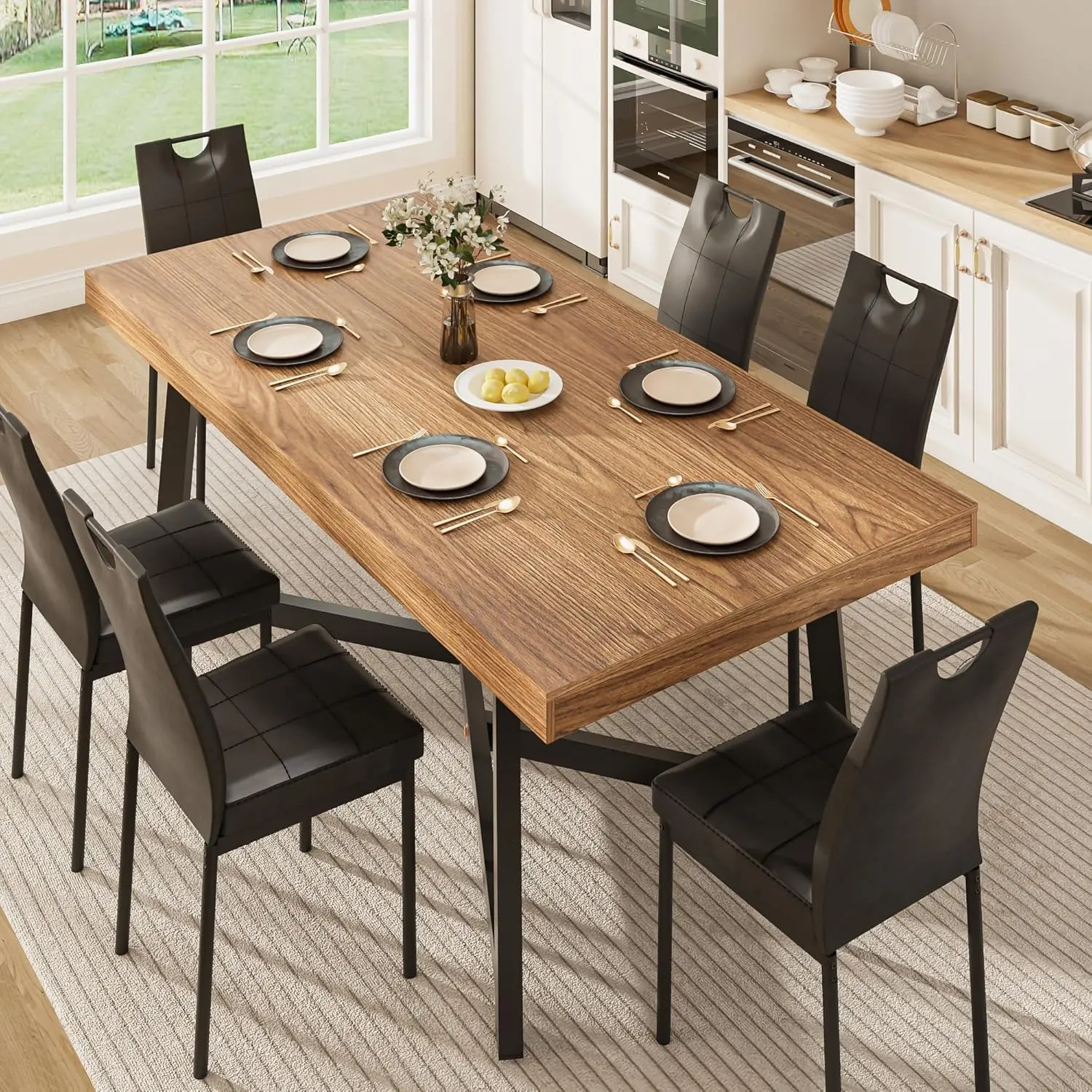 7 Piece Dining Table Set for 6, 71 inch Farmhouse Rectangular Long Wooden Kitchen Table with 6 Upholstered Chairs,Dining Room Table and Chairs Set with Metal Frame for Dining Room,Kitchen,Walnut