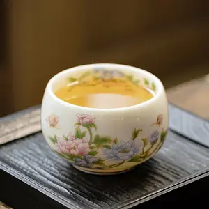 Hand Painted Peony Luohan Ceramic Master Cup Mutton Fat Jade Porcelain Chinese Gongfu Teaware Personal Luxury Gift