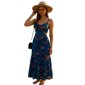 Boho Maxi Ruffle Dress for Women Elegant Floral Print Hollow Out Long Slim Fit Spaghetti Strap Comfortable Stylish Machine Washable Perfect for Beach Parties White Bohemian Formal Casual Wear Backless Chic Sleeveless Style Love - Summer Feminine