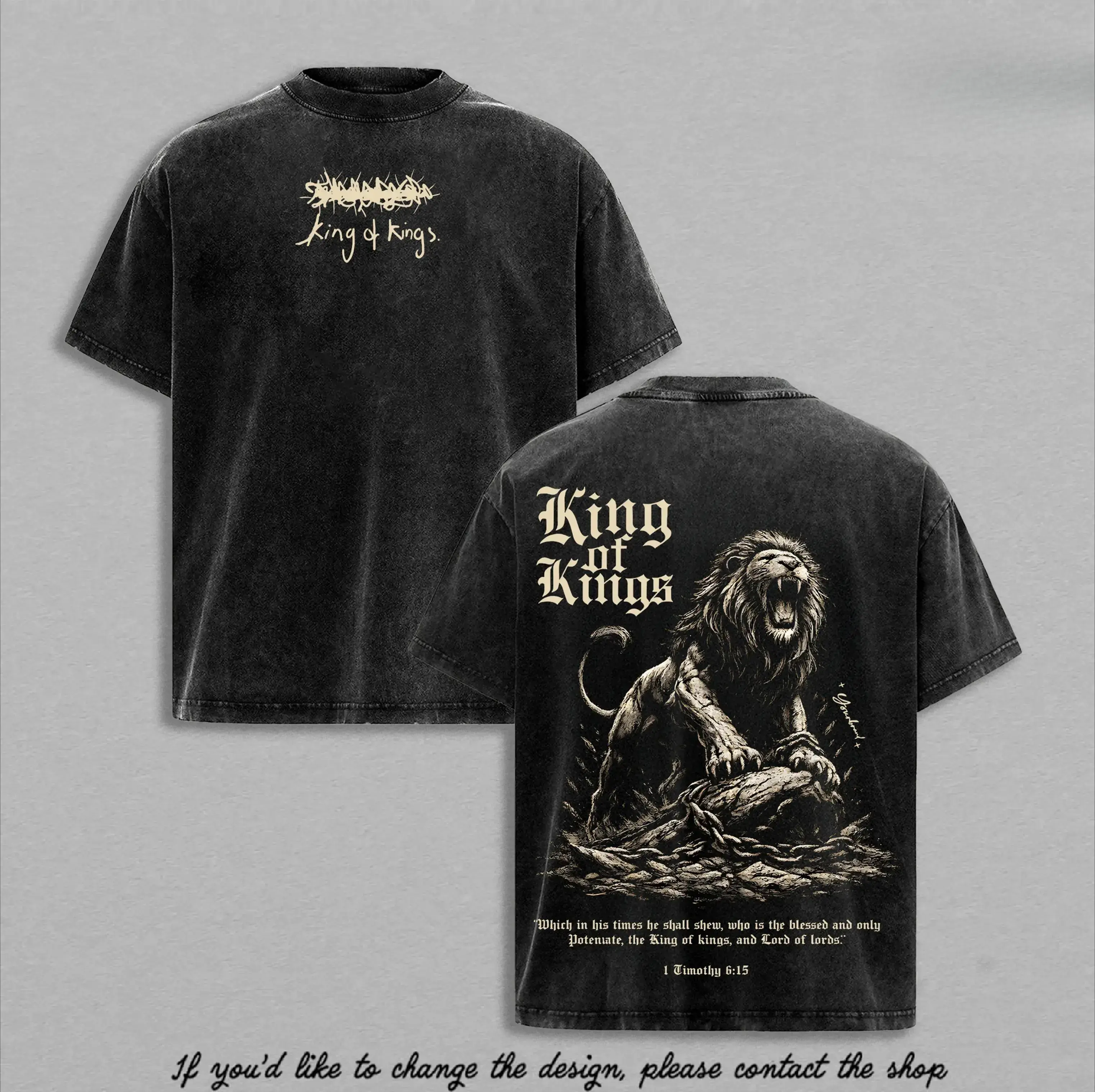 Menswear Loose Short-Sleeve Oversized Vintage Washed Heavy Cotton T-Shirt - King of Kings Jesus Lion of Judah Christian Faith Graphic Top, Unisex Religious Apparel Gift for Believers