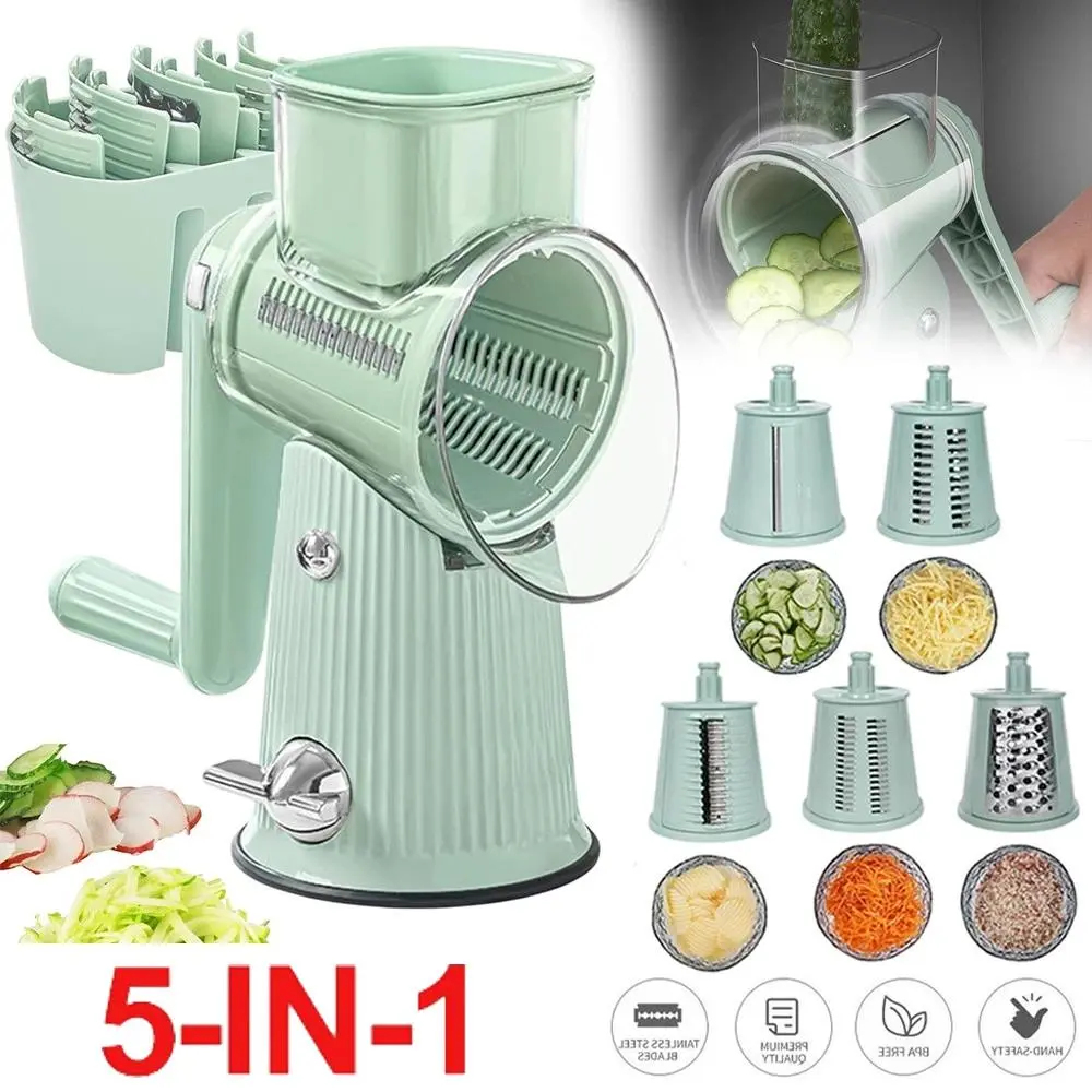 5-in-1 Rotary Hand Crank Grater, Non-Slip Suction Base & Safety Handle, All-In-One Tool for Shredding, Slicing Vegetables, Cheese, Nuts & Chocolate Blade Detachable
