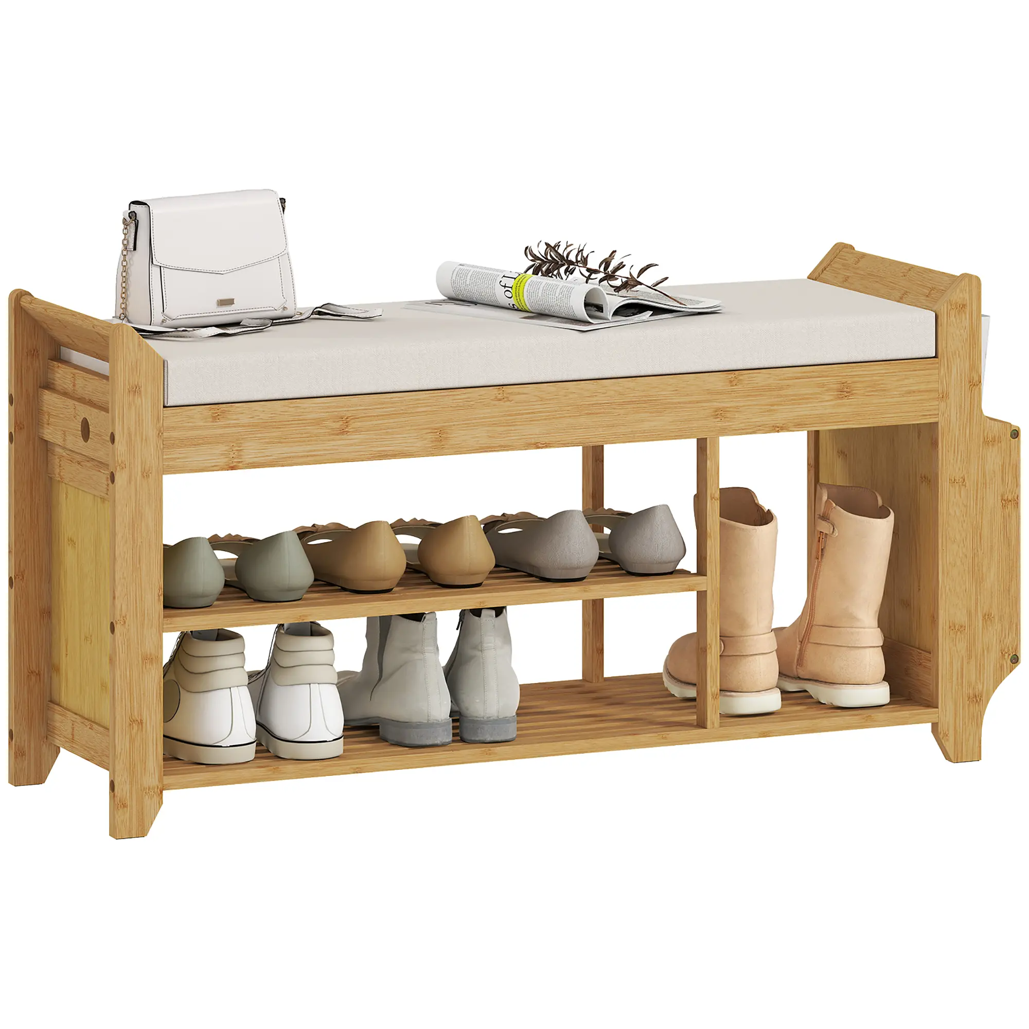 Natural Cream Entryway Shoe Bench with Cushioned Seat, Side Umbrella Holder, and Shoe Storage - Indoor Living Room Furniture