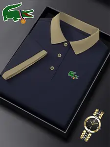 Men's Ff-4261 Crocodile Print Polo Shirt, Casual Fitted Short Sleeve, Breathable and Stretchy, All-Season Wear, Style