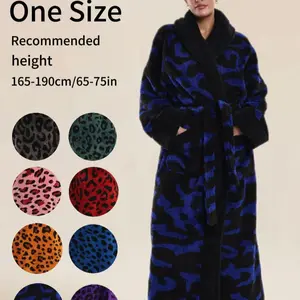 Elegant Leopard Print Bathrobe, Thickened Deep Blue Coral Fleece, Long Warm Robe for Fall Winter, with Pockets and Belt