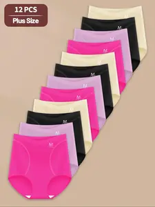 【Plus Size】 Solid Letter Print Panty, Soft Comfy Breathable Seamless Curvy Knicker for Daily Wear, Women's Pastel Color Underwear for All Seasons