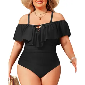 Daci Women's Plus Size One-Piece Swimsuit - Tummy Control, Ruffle Off-Shoulder Bathing Suit for Sports & Outdoor Activities