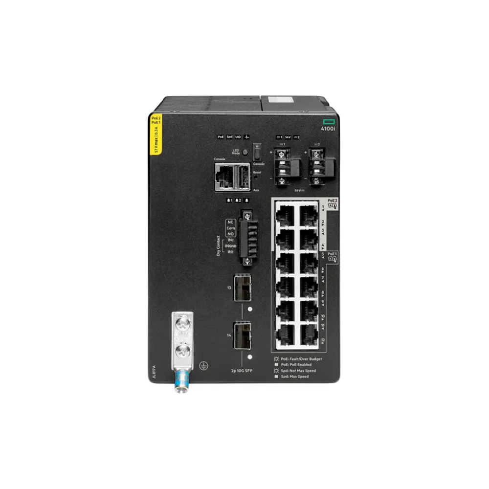 HPE Aruba Networking 4100i 12-port 1GbE (8-port Class 4 POE and 4-port Class 6 POE) 2-port SFP+ DIN Mount Switch