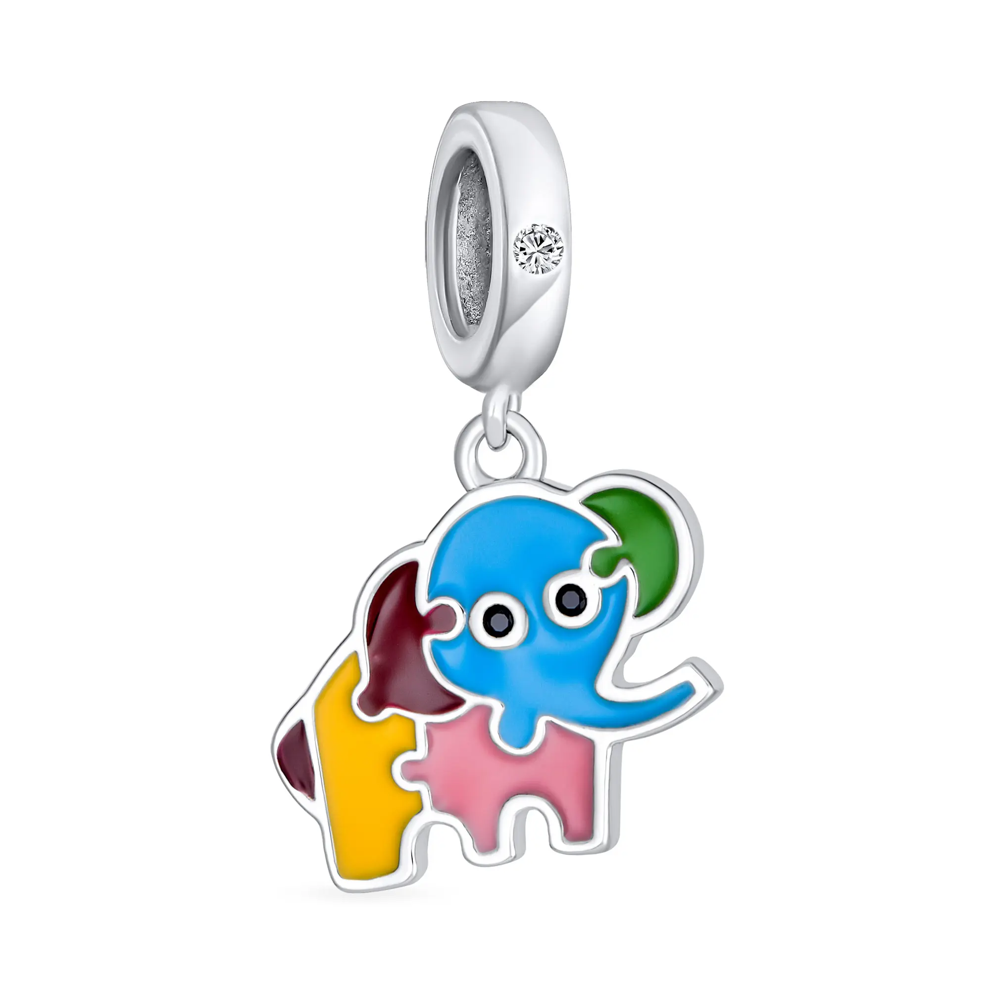 Multicolor Elephant Dangle Charm Bead for Bracelet .925 Sterling Silver