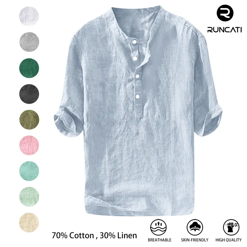 Runcati Mens 70% Cotton 30% Linen Shirts Casual Cotton 3/4 Sleeve Regular-Fit Henley T-Shirt Summer Lightweight Beach Yoga Tops