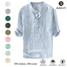 Runcati Mens 70% Cotton 30% Linen Shirts Casual Cotton 3/4 Sleeve Regular-Fit Henley T-Shirt Summer Lightweight Beach Yoga Tops