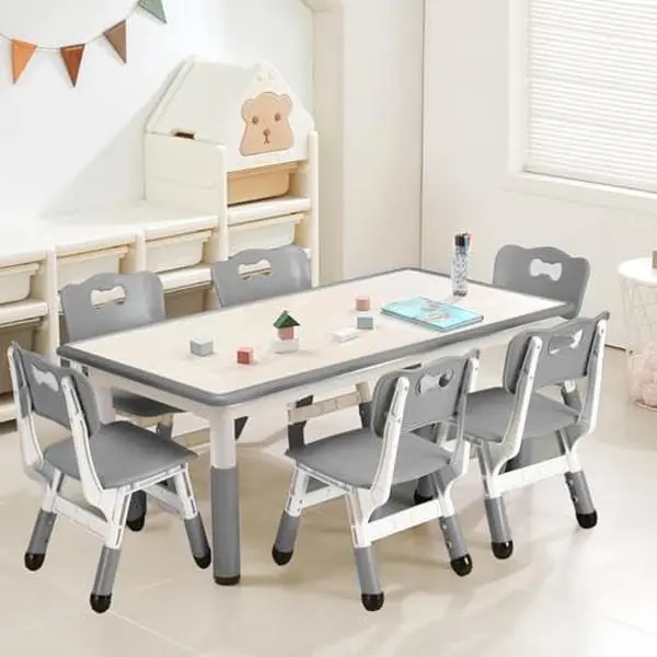 Kids Table and 6 Chair Set,47 in Modern Height Adjustable Toddler Table and 6 Chairs Set with Non-Slip Desk Legs& Organizer Graffiti Desktop,Preschool Activity Art Craft Tables for 6（Gray