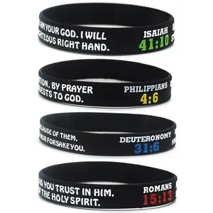 Christian Faith Hope Wristbands 4 Pcs Motivational Rubber Scripture Bracelets with Isaiah 41:10 Philippians 4:6 Deuteronomy 31:6 Romans 15:13 for Men Women