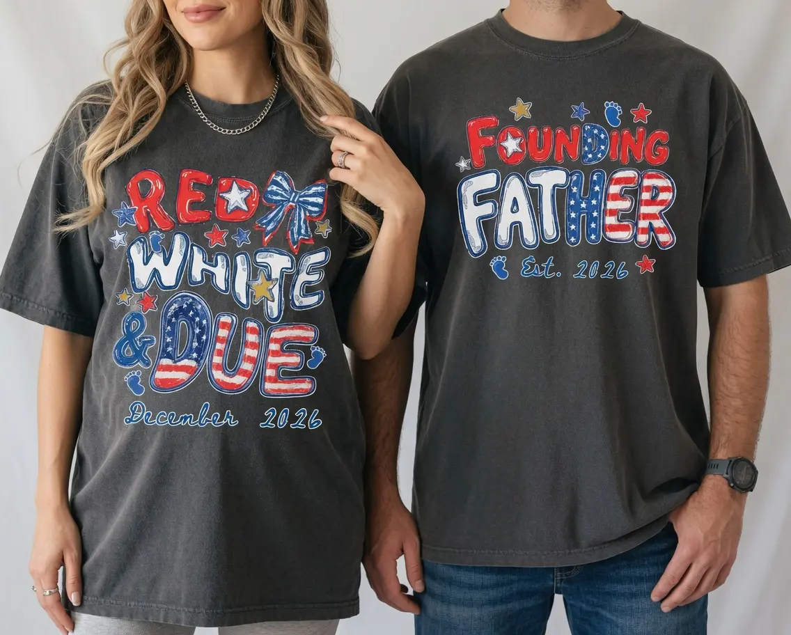 "Red White and Due" Maternity Tee | Custom 4th of July Couple Matching Shirt | Independence Day Pregnancy Reveal