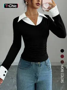 Women's Colorblock Patchwork Mock Two-Piece Shirt Collar Slim Fit Long Sleeve Top, Simple Basic Comfortable Casual Daily Wear, Everyday, Versatile Fashion Blouse, Button Blouse Shirts