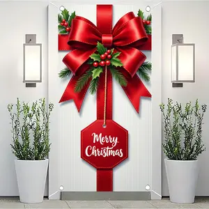 1pc Christmas party banner, made of polyester material, with a white Christmas gift box background picture, suitable for holiday parties, Christmas party decoration, indoor and outdoor decoration, and front door decoration, Party Decorations Banners