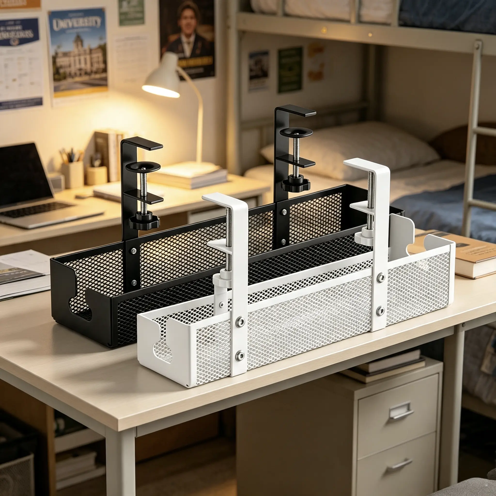 Black/White Under-Desk Cable Organizer Basket, No-Drill Clamp-Style Metal Cable Management Box, Under-Desk Storage Rack for Power Cables and Chargers, Home & Office Desktop Cable Organizer, Compatible with desk surfaces up to 2.5in thick