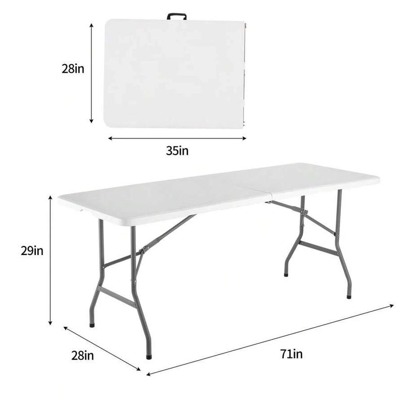 4FT/6FT Plastic Folding Table, Fold-in-Half table with handle, Adjustable Height Outdoor Camping Table for Party, Kitchen and Beach, White - Straight Legs