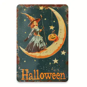 Witch on the Moon Vintage Metal Tin Sign Gothic Halloween Decor 8x12 Inches Durable Iron Easy to Hang Wall Art for Home Cafe Garage Library Club