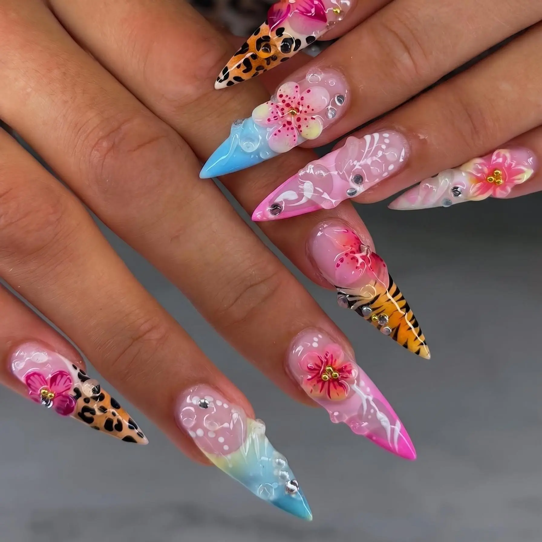 3D Tropical Hibiscus & Seashell Press on Nails, Luxury Leopard Print Fake Nails in Almond, Colorful Mermaidcore Mismatched Jungle Art