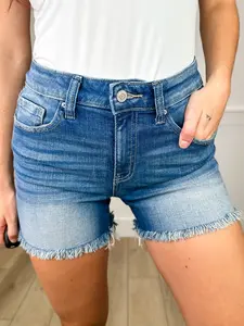 Zenana It Just Happens High-Rise Denim Shorts - Medium Wash Fray Hem Non-Distressed Very Stretchy True to Size Comfortable Summer Essential