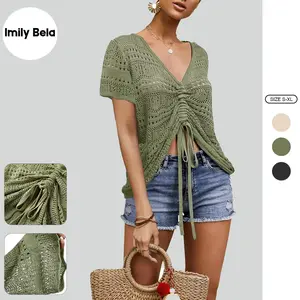 Imily Bela Women Crochet Top Short Sleeve Beach Cloth Drawstring Shirt Cover Up Oversized Sexy Beachwear Lace Up Tee Poncho