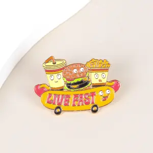 Fast Food Lover Enamel Pin, Live Fast Brooch Pins, Cute Junk Food Badge, Cartoon Hot Dog Skateboard Brooch, Gift For Fries And Burger Lover