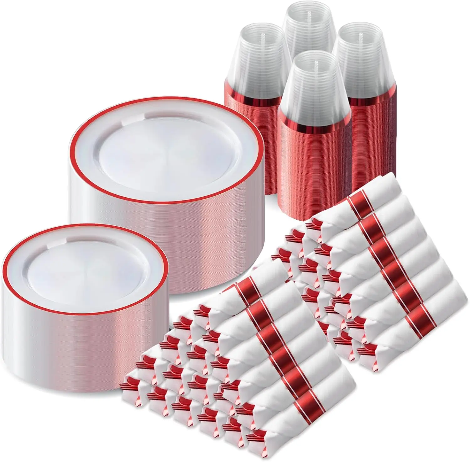 700 Pcs Clear Red Plastic Dinnerware Sets for Party for 100 Guests | Red Plastic Plates Include 200 Plastic Plates, 100 Pre Rolled Napkins with Cutlery Set, 100 Cups for Birthday, Christmas