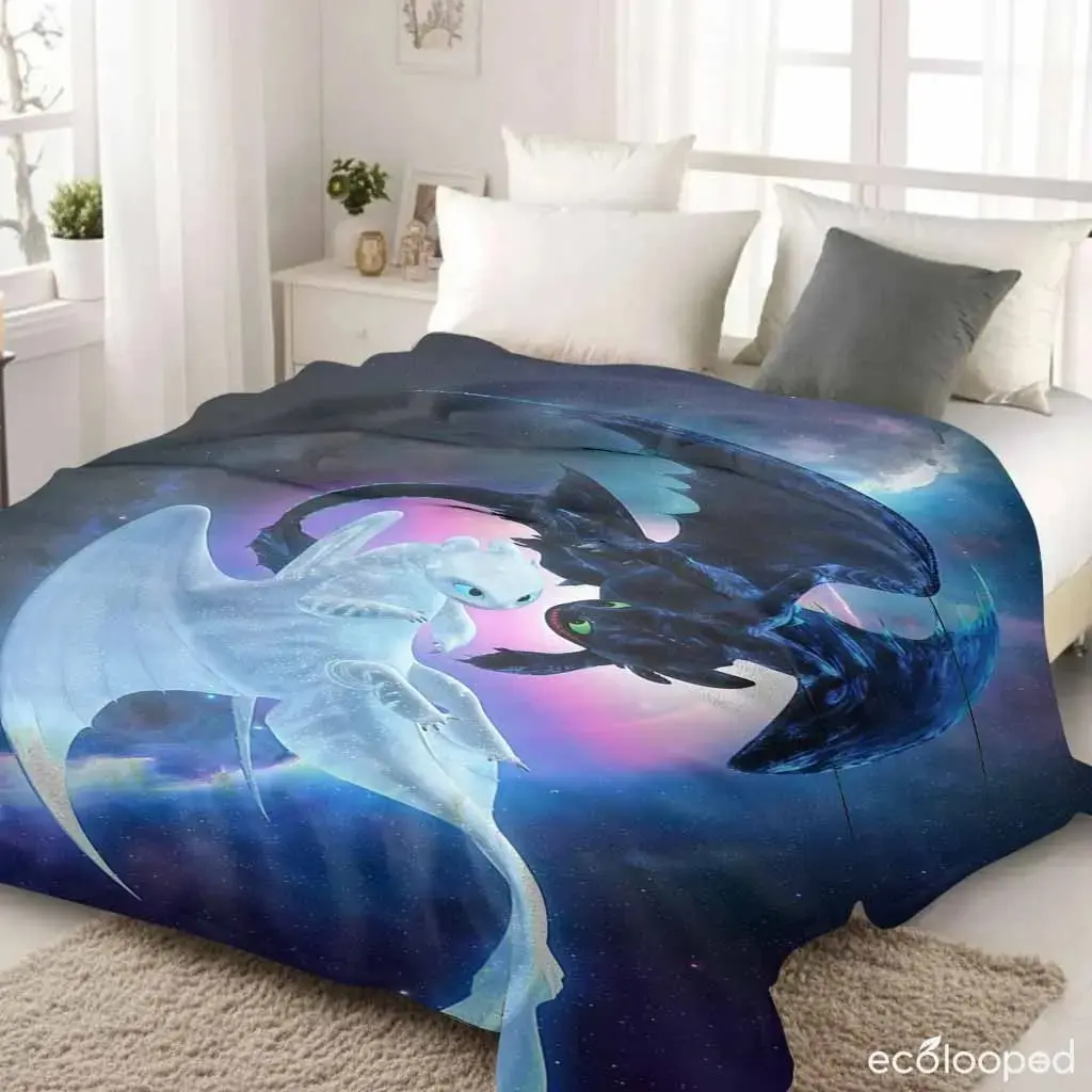 Celestial Dragons Toothless & Light Fury Graphic Print Flannel Blanket, Ultra Soft Cozy Warm Lightweight Anti-Pilling Throw Blanket, Multi-use Cover for Sofa Bed Travel Outdoor, Stylish Home Decor Ideal Gift for Dragon Lovers