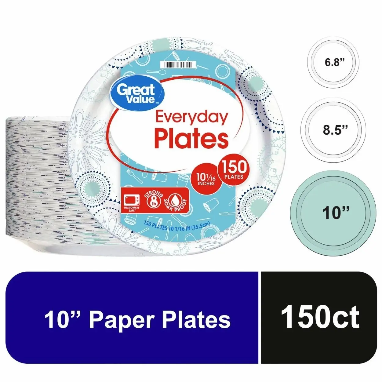 Great Value Disposable Paper Plates, 10", 150 Count