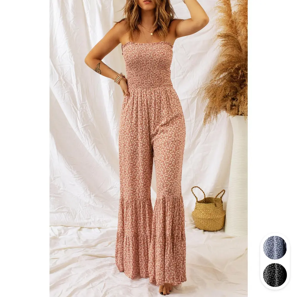 Khaki Floral Spaghetti Straps Wide Leg Jumpsuit