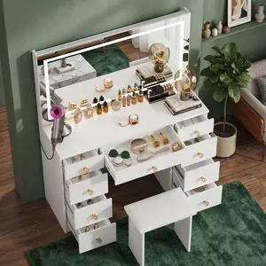 43 Inch Vanity Desk Set with Large LED Lighted Mirror and Glass Top, 3 Color Modes Adjustable Brightness, Vanity Table with Stool, Power Outlet and 9 Storage Drawers, Modern Bedroom Makeup Dressing Table for Girls Women