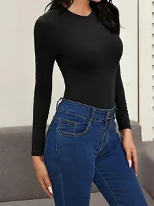 Women's Solid Long Sleeve Bodysuit, Elegant Tight-fitting   Bodysuit for Office Work Business, Ladies Clothes for Summer, Womenswear