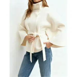 Women's Elegant Solid Color Hooded Poncho Overcoat With Belt, Autumn/Winter
