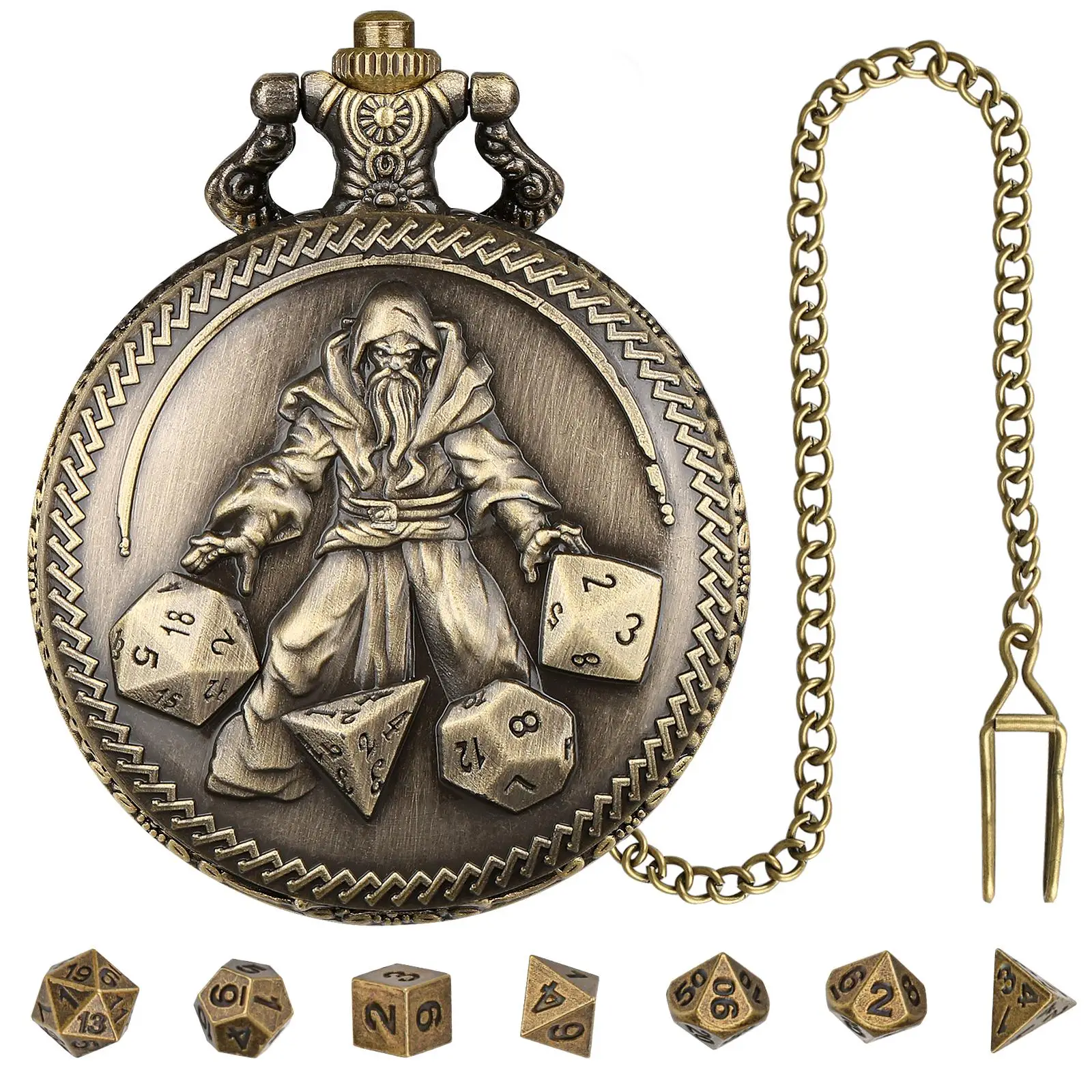 DND Wizard Pocket Watch Shell Case with Chain & Dice Set, 9 Counts/set Role Playing Board Game Accessories, DND Gifts with Gift Box