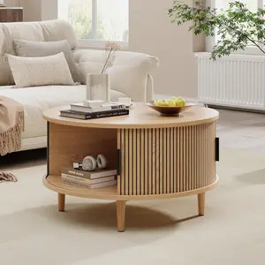 Mid-Century Round Oak Wood Coffee Table - Modern Accent Table with Fluted Center Sliding Door, 31.5" Storage Solution for Home Living Room Indoor Furniture