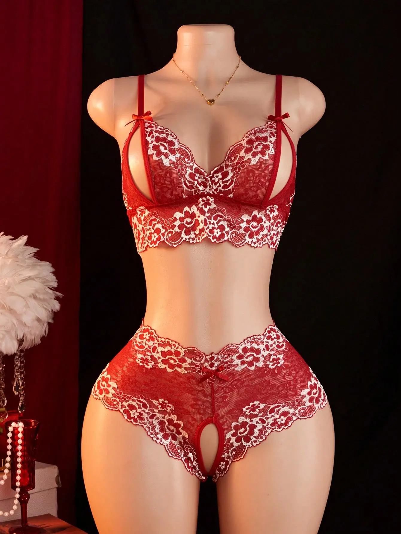 Women's Red Lace 2-Piece Sexy Lingerie Set - Sheer Open-Front Bra, Floral Pattern Thong Panties, Elegant Alluring Design for Romantic Occasions